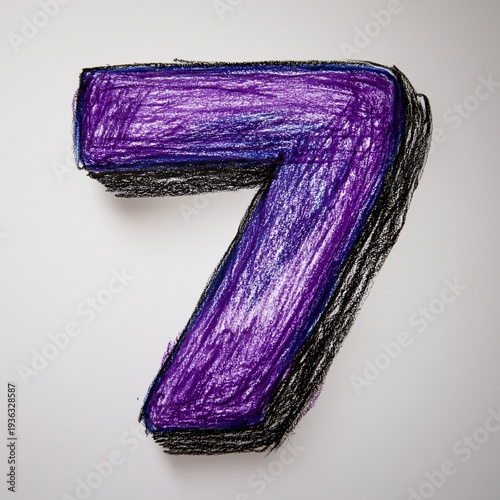 Hand-Drawn Number 7 in Purple and Black Crayon