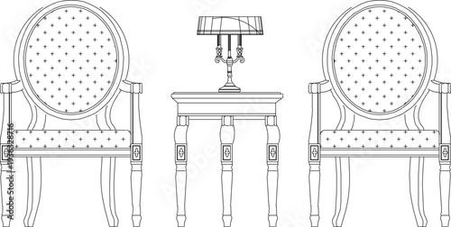 Classic French Style Oval Back Chair and Side Table Technical Line Drawing with Vintage Table Lamp Blueprint Illustration