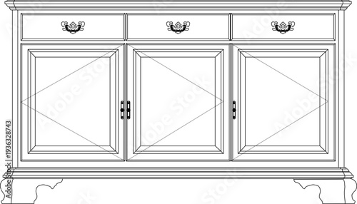 Luxury Victorian Console Desk Blueprint with Detailed Side View and Elegant Curved Leg Design
