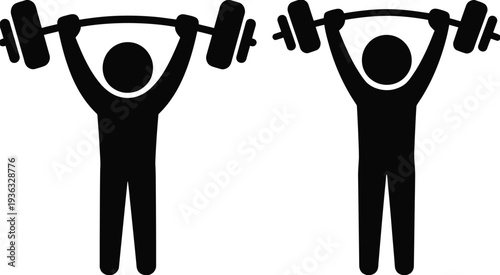 Two silhouettes performing a shoulder press exercise with dumbbells isolated on white background, Vector, illustration