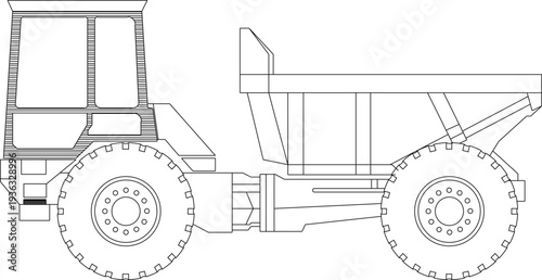 Heavy Duty Dump Truck Technical Drawing Side View Profile of an Articulated Hauler for Mining and Construction Industry, Professional CAD Block Illustration with Precise Technical Outlines