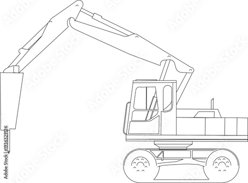 Heavy Equipment Transportation Technical Drawing Side View of Semi Trailer Truck Carrying Hydraulic Excavator, Construction Logistics and Industrial Machinery Illustration