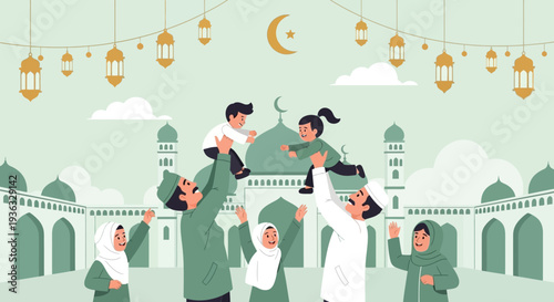 Muslim family celebrating Eid al Fitr with joy and happiness at the mosque.