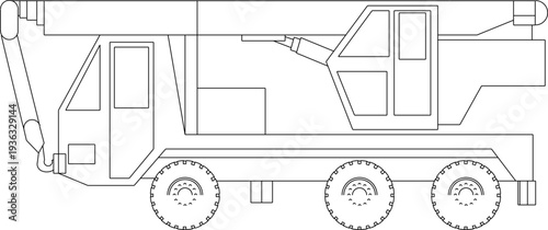 Heavy Haulage Trucking Service Diagram Flatbed Trailer Carrying an Earthmoving Excavator Machine for Construction Site Preparation, High Quality Minimalist Line Art Design for Industrial