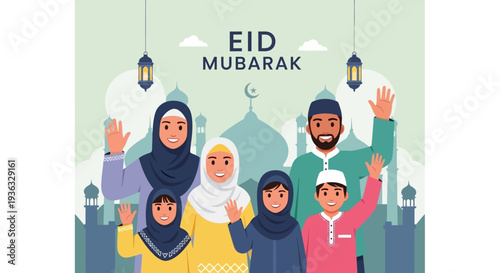 Happy Muslim Family Celebrating Eid Mubarak Together Waving Hands.