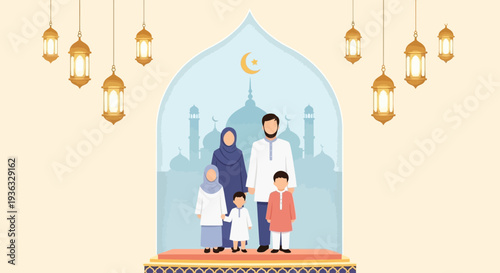 Happy Muslim Family Portrait Under Arch Window.