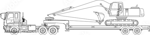 Heavy Equipment Transportation Logistics Illustration Side View of a Powerful Semi Truck Trailer Carrying a Hydraulic Excavator for Construction and Mining Industry
