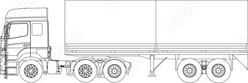 Detailed Semi Truck with Box Trailer Side View Technical Line Drawing Heavy Duty Cargo Transport Engineering Blueprint Illustration