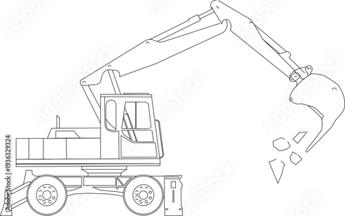 Heavy Construction Machinery Excavator Line Art Blueprint Showing Boom Arm, Bucket Attachment, and Track Undercarriage