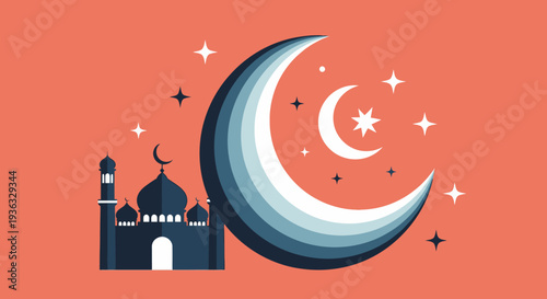 Crescent moon and mosque silhouette at night.