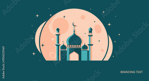 Islamic mosque with minarets and dome against moon.