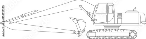 Technical Side View Illustration of Industrial Excavator Equipment with Mechanical Arm and Continuous Track Design