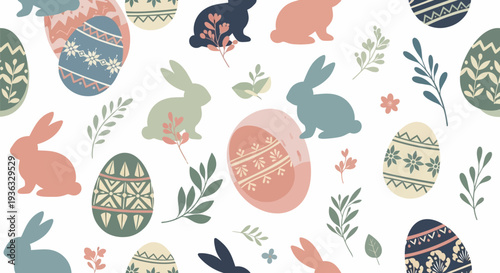 Easter Bunny and Decorated Eggs Seamless Pattern.