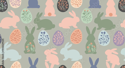 Seamless Pattern of Easter Bunnies and Decorative Eggs.