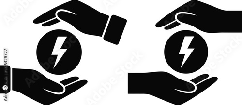 Four hands holding a glowing lightning bolt symbolizing energy and power isolated on white background, Vector, illustration