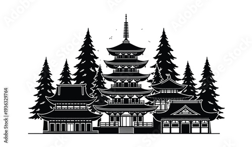 Black and white illustration of a traditional japanese pagoda temple surrounded by pine trees