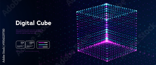 Digital Cube Background With Futuristic Particle Grid And Glowing Neon Dots. Dynamic Big Data Visualisation Background. AI, Blockchain and Cyber Vechnology. Vector Illustration