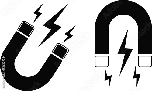 Magnets and electricity with lightning bolts and magnetic field lines isolated on white background, Vector, illustration