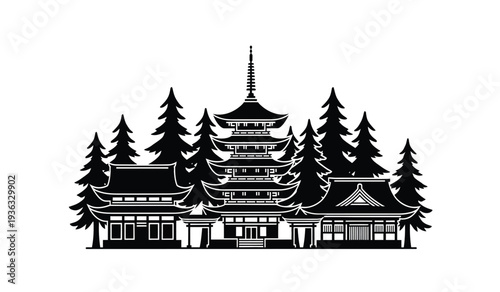 Black silhouette of a japanese pagoda temple with trees