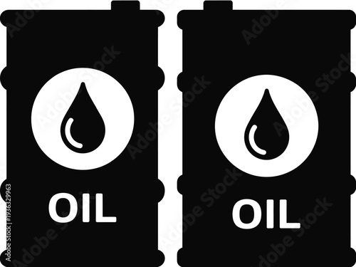 Two oil barrels with black and white labels and a black droplet symbol. isolated on white background, Vector, illustration