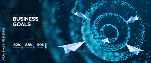 Business Target Concept Featuring Paper Plane And Digital Particle Circle Symbolizing Success And Achievement. Growth Strategies. Paper Airplanes Flying Toward Target. Vector Illustration.