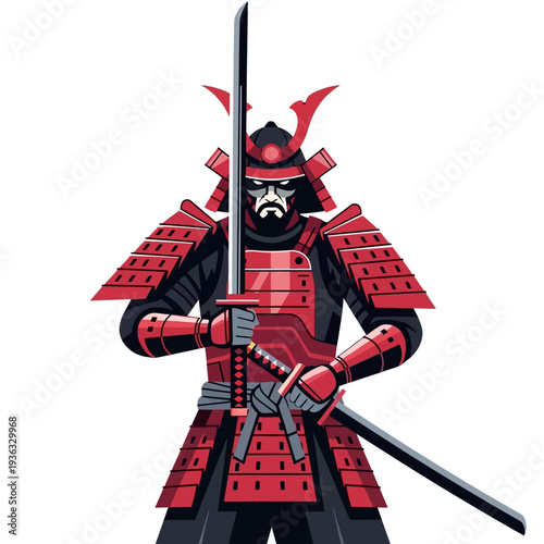 Fierce Samurai Warrior in Traditional Red Armor Holding Katana Sword, Japanese Warrior