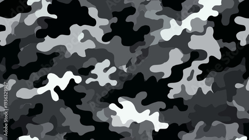 Military camouflage seamless pattern features navy blue and gray shapes on a black background for a tactical design.