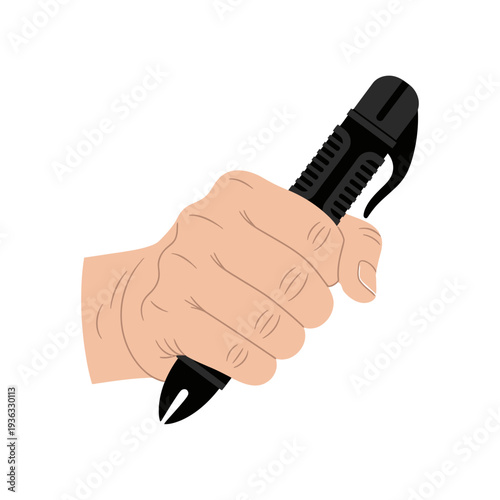 Hand holding a black tactical pen with a glass breaker tip