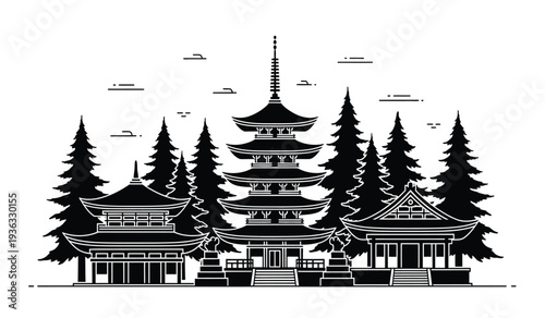 Black and white illustration of a japanese pagoda temple surrounded by pine trees
