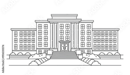 A large building with a grand staircase and columns on the front facade