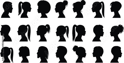  Silhouettes of diverse human head profiles with unique hairstyles, ponytails, buns, afros, dreadlocks, short hair, vector illustration art.eps