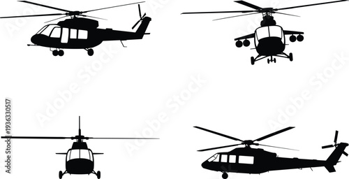 Collection of black military helicopter silhouettes in various angles and profiles including side front top and rear views for aviation defense transport and aircraft design graphics.