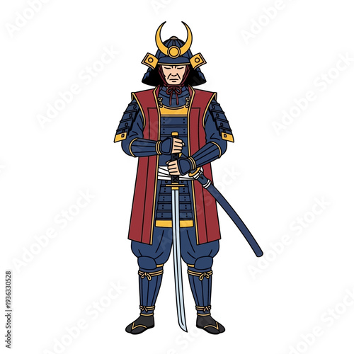 Japanese Samurai Warrior in Traditional Armor Holding Katana Sword
