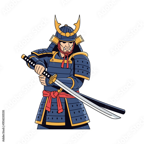 Japanese Samurai Warrior in Traditional Armor Holding Katana Sword, Ready for Battle