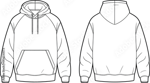 Blank hoodie sweatshirt front and back view outline vector template for fashion design casual streetwear apparel mockup with hood pocket and drawstring