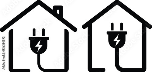Two houses with power plugs symbolizing energy efficiency and smart home technology isolated on white background, Vector, illustration