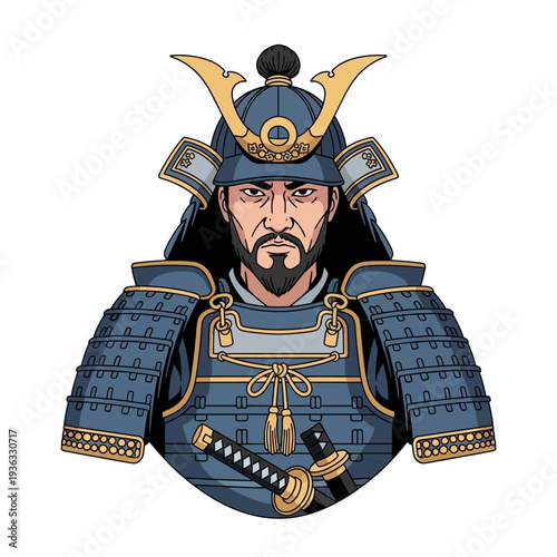 Japanese Samurai Warrior in Traditional Armor with Katana Sword
