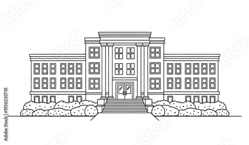 A large building with a staircase and columns on the front facade