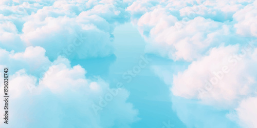 A bright blue sky filled with soft white fluffy cumulus clouds creates a high summer nature view of the atmosphere above