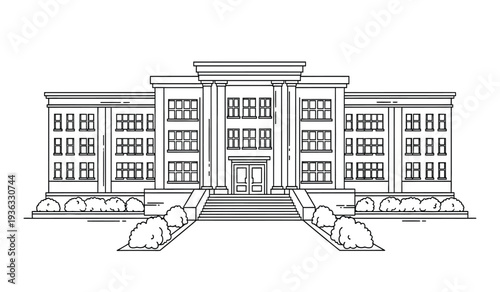 A large building with columns and a staircase drawn in black and white