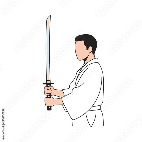 Martial Artist in White Kimono Holding Katana Sword, Ready for Combat