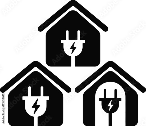 Three houses with different types of heating systems illustrated in black and white. isolated on white background, Vector, illustration