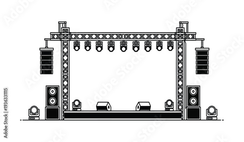 A detailed technical drawing of a stage setup with lighting and sound equipment