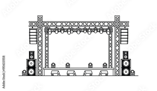 A detailed technical drawing of a stage setup with lighting and sound equipment