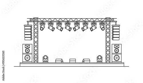 A detailed technical drawing of a stage setup with speakers and lighting equipment