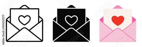 Love letter icon set, heart envelope symbols in black white and pink style for mobile concept and web design, minimal romantic message icons