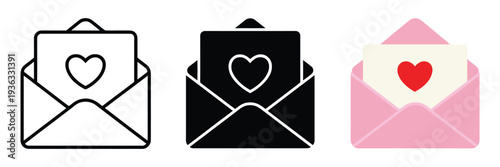 Love letter icon set, heart themed envelope icons in black white and pink variations for mobile app interface design, romantic message symbol