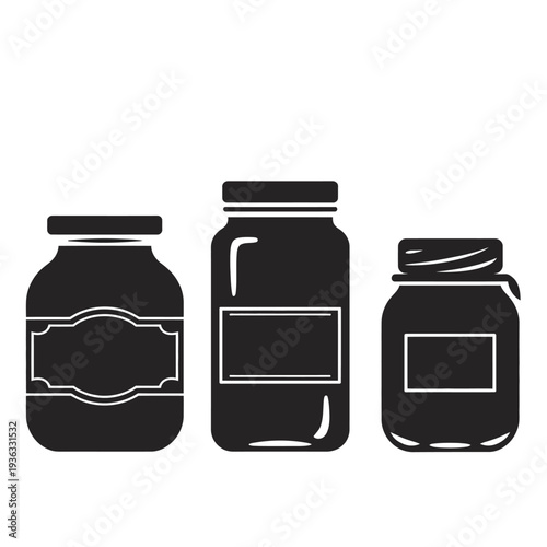 Three black containers with lids placed side by side on a white background isolated on white background, Vector, illustration
