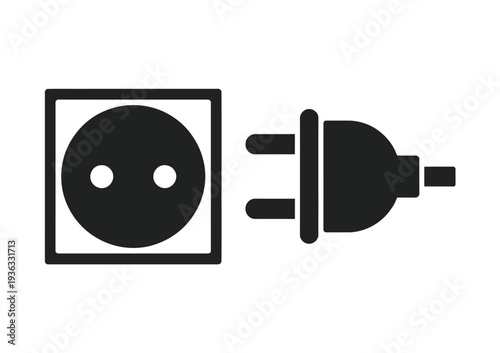 A black and white illustration of a power outlet and a plug isolated on white background, Vector, illustration