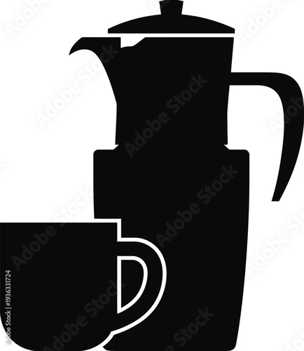 A black and white illustration of a coffee pot and cup on a saucer isolated on white background, Vector, illustration